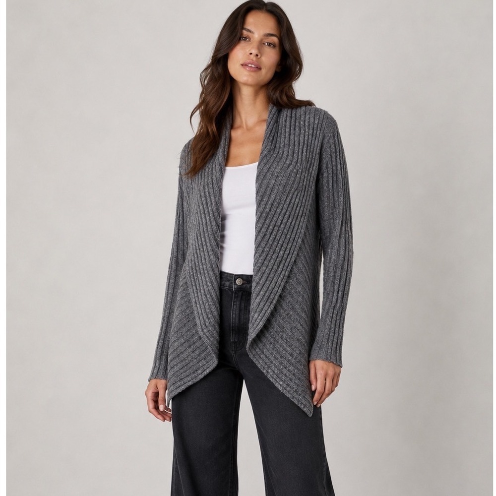 AUTUMN CASHMERE Open Cardigan Sweater Gray Ribbed Cashmere Wool Blend Medium